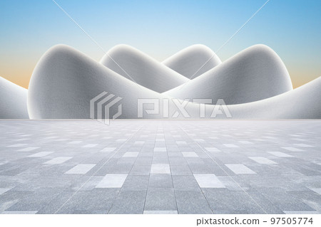 現代抽象弧形藝術建築與無人磚地廣場,有著幹淨明亮的天空背景,3D渲染。 97505774