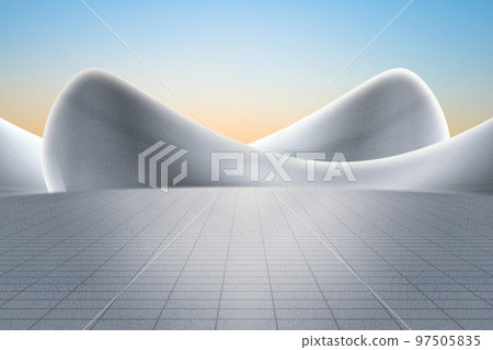 Concrete floor and abstract curved wall building with clean bright sky background, 3D rendering 97505835