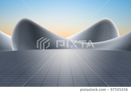 水泥地面和抽象弧形牆壁建築,有著幹淨明亮的天空背景,3D渲染 水泥地面和抽象弧形牆壁建築,有著幹淨明亮的天空背景,3D渲染 97505836
