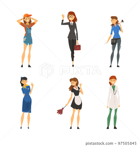 Set of women of different professions. Construction worker, business woman, stewardess, maid, doctor cartoon vector illustration Set of women of different professions. Construction worker, business woman, stewardess, maid, doctor cartoon vector illustration 97505845
