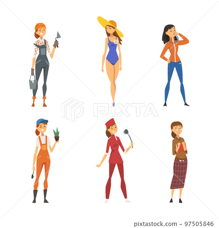 Set of women of different professions. Builder, fashion model, trainer, gardener, chef cook, librarian cartoon vector illustration 97505846