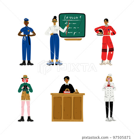 People of various professions set. Policeman, teacher, racer, traveller, judge, chef cook cartoon vector illustration 97505871