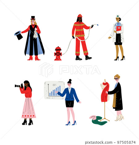 People of various professions set. Magician, firefighter, fireman, photographer, tailor, businesswoman cartoon vector illustration People of various professions set. Magician, firefighter, fireman, photographer, tailor, businesswoman cartoon vector illustration 97505874