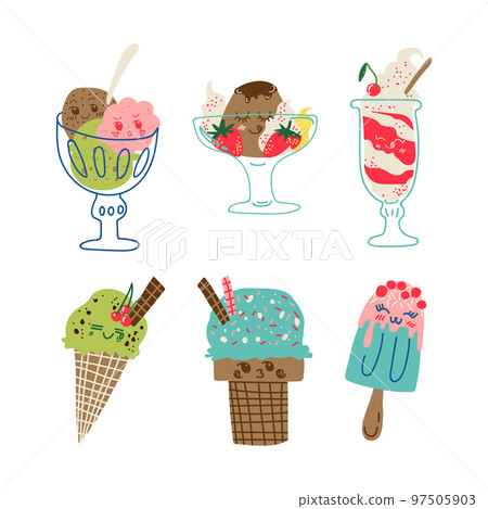 Cute Sweet Kawaii Dessert with Smiling Face Vector Set 97505903