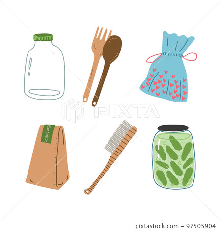 Craft Paper Package, Glass Jar, Pouch, Brush and Wooden Utensils as Everyday Reused Object Vector Set Craft Paper Package, Glass Jar, Pouch, Brush and Wooden Utensils as Everyday Reused Object Vector Set 97505904