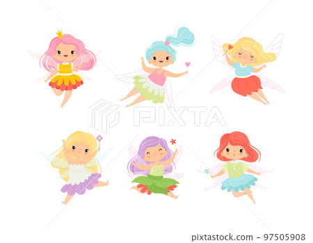 Cute Little Pixie Girl with Ethereal Wings Flying with Magic Wand Vector Set Cute Little Pixie Girl with Ethereal Wings Flying with Magic Wand Vector Set 97505908