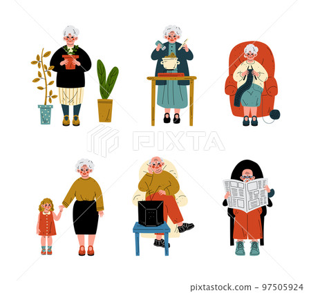 Senior Grey-haired Man and Woman Engaged in Different Activity Vector Set 97505924