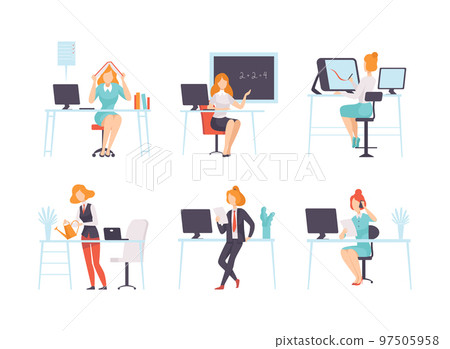 Work and Career with Woman Working and Performing Different Activity Vector Set Work and Career with Woman Working and Performing Different Activity Vector Set 97505958