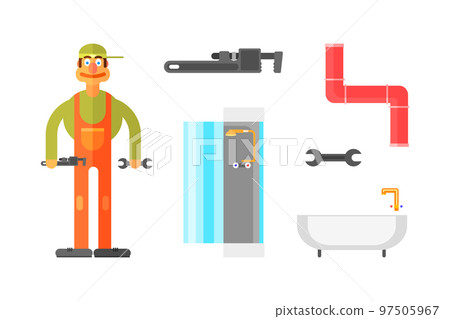 Man Plumber in Orange Overall with Wrench, Pipe and Sanitary Ware Vector Set 97505967