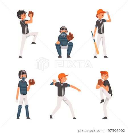 Teen Boy Baseball Player Playing Bat-and-ball Game Vector Set 97506002