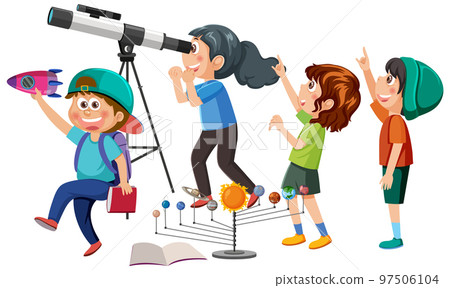 Kids observing through telescope 97506104