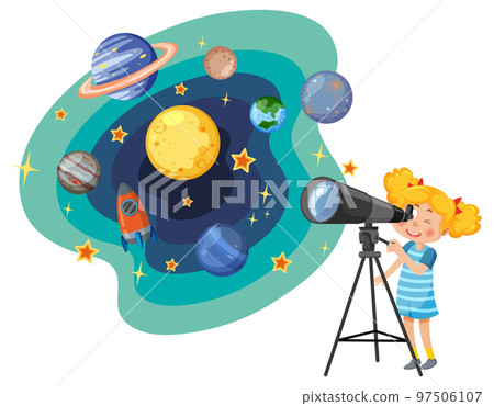 Girl observing planets with telescope 97506107