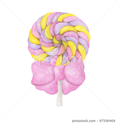 Lollipop on stick, decorated with big bow. Watercolor painting. Lollipop on stick, decorated with big bow. Watercolor painting. 97506469