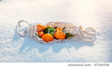 Best Season Fruits for Frigid Cold Winter Months. Orange and tangerines Winter Fruit For Diabetes, Weight Loss, Skin. Orange and tangerines on snow winter background 97506590