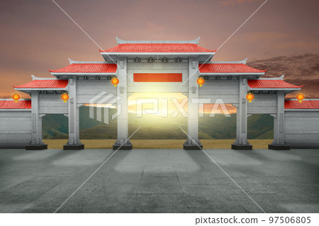 Chinese pavilion gate with red roof on the meadow 97506805