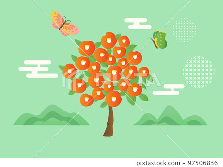 Camellia flower and butterfly illustration 97506836