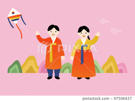 Illustration of men and women wearing hanbok 97506837