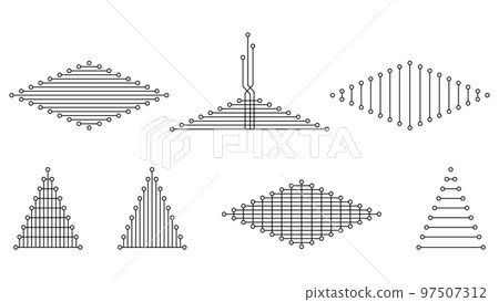 Set of abstract shapes from lattices and stripes with rings at ends isolated on white background. Clipart. 97507312