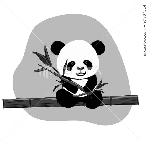 Panda bear cub sits on bamboo trunk with bamboo branches with leaves in its paws in gray colors, isolated on white background. Clipart, design element. 97507314