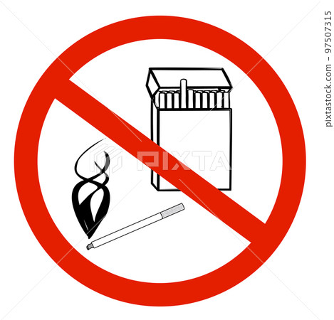 Red no smoking sign with crossed out pack of... - Stock Illustration [97507315]