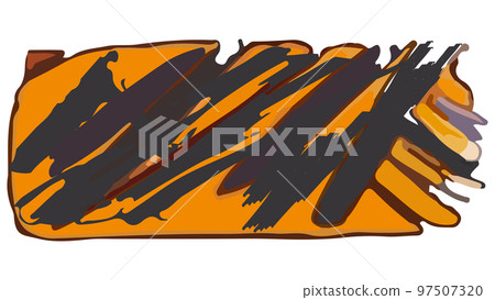 Brown rectangular shape with diagonal brush strokes in grunge style. Irregular shapes and rough edges. Design element. 97507320