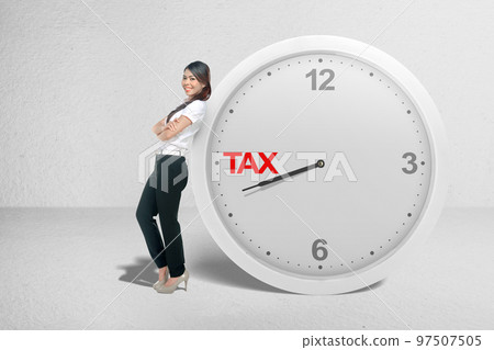 Asian businesswoman leaning on the clock with a countdown for taxes Asian businesswoman leaning on the clock with a countdown for taxes 97507505
