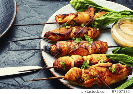 Chicken skewers, grilled meat Chicken skewers, grilled meat 97507583