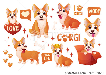 Set corgi dog stickers with crown, sitting, adorable pet, activities in cartoon style isolated on white background. Comic emotional character, funny pose Set corgi dog stickers with crown, sitting, adorable pet, activities in cartoon style isolated on white background. Comic emotional character, funny pose 97507820