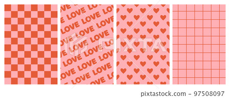 Groovy lovely backgrounds. Love concept. Happy Valentines day greeting card. Funky pattern and texture in trendy retro 60s 70s cartoon style. Vector illustration in pink red colors. Groovy lovely backgrounds. Love concept. Happy Valentines day greeting card. Funky pattern and texture in trendy retro 60s 70s cartoon style. Vector illustration in pink red colors. 97508097