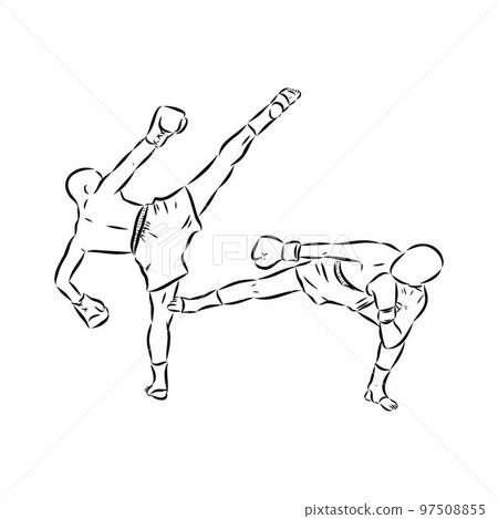 Hand sketch vector of Muay Thai or Thai Boxing. Beautiful martial art that use body parts to fight against each other. Self defense art. High kick but get defended with arm. 97508855