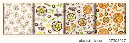 Set of seamless patterns with mushroom meals, pizza, soup, raw, fried champignons. Textured background. Simple geometric style. Good for branding, decoration of food package, cover design, prints Set of seamless patterns with mushroom meals, pizza, soup, raw, fried champignons. Textured background. Simple geometric style. Good for branding, decoration of food package, cover design, prints 97508917