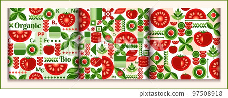 Set of tomato seamless patterns with design elements in simple geometric style. Good for branding, decoration of food package, cover design, decorative print, background. Vector illustration Set of tomato seamless patterns with design elements in simple geometric style. Good for branding, decoration of food package, cover design, decorative print, background. Vector illustration 97508918