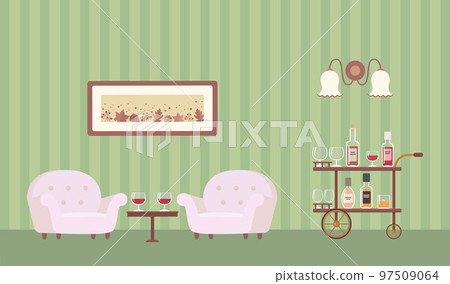 Two cozy armchairs and bar cart with bottles and glasses 97509064