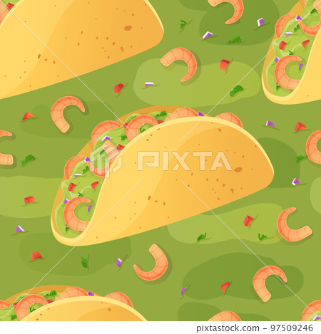 Mexicano taco with shrimps and guacamole seamless pattern. Latino american food in cartoon style Mexicano taco with shrimps and guacamole seamless pattern. Latino american food in cartoon style 97509246