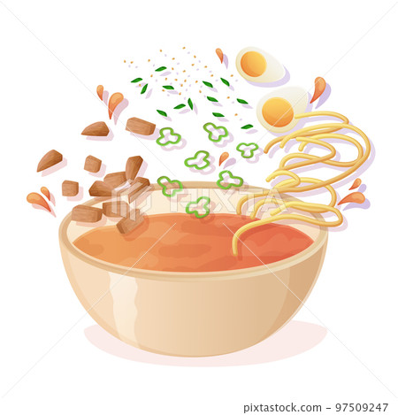 Japanese Miso soup ingredient flying in a bowl. Asian food illustration in cartoon style Japanese Miso soup ingredient flying in a bowl. Asian food illustration in cartoon style 97509247
