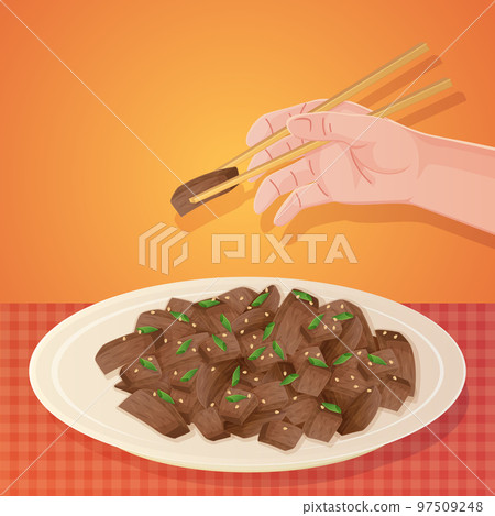 Hand with chopsticks taking out korean bulgogi dish. Asian food illustration in cartoon style 97509248