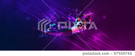 Poster with flying man, professional american football player in motion, action over dark purple background with polygonal and fluid neon elements. 97509748