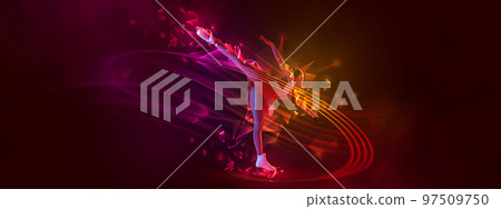 Creative poster with sportive teen girl, junior female figure skater skating over dark red background with neon polygonal elements. Winter sports Creative poster with sportive teen girl, junior female figure skater skating over dark red background with neon polygonal elements. Winter sports 97509750