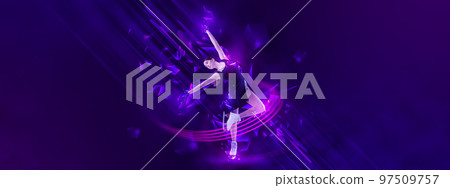 Creative poster with sportive teen girl, junior female figure skater skating over blue background with neon polygonal elements. Winter sports 97509757