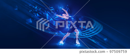 Creative poster with sportive teen girl, junior female figure skater skating over blue background with neon polygonal elements. Winter sports 97509759