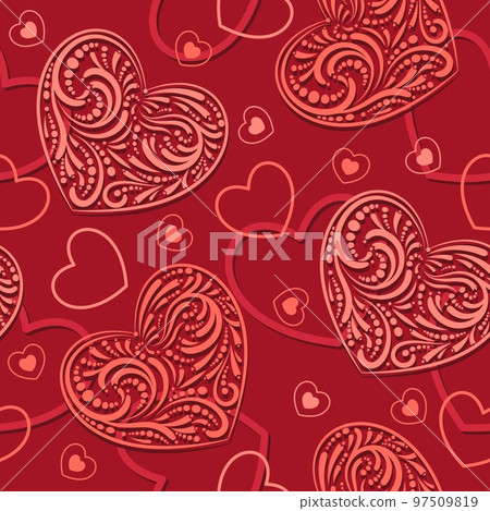 Red seamless pattern with big lacy hearts, silhouettes and contours of small hearts. Decoration for Valentines day. 97509819