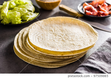 Mexican Corn Tortillas on kitchen table. 97509865