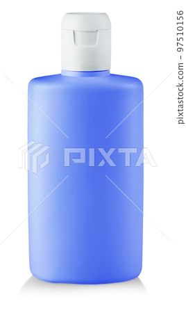 Plastic bottle with soap or shampoo without label reflected on white background 97510156