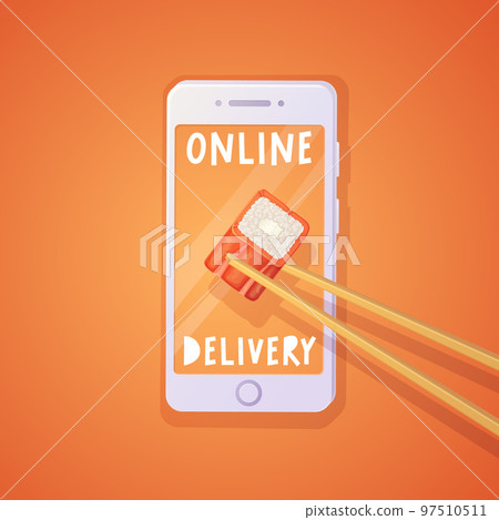 Chopsticks get philadelphia maki roll through the smartphone screen. Online delivery orange poster. Chopsticks get philadelphia maki roll through the smartphone screen. Online delivery orange poster. 97510511
