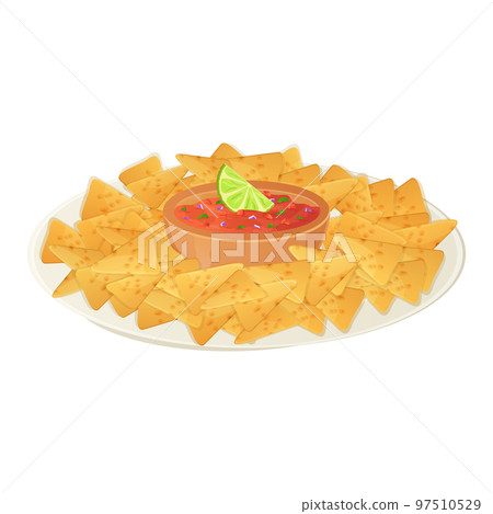 Mexican nacho plate with salsa. Latino american food illustration in cartoon style isolated on white 97510529