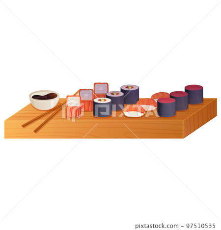 sushi set om a wooden board, Nigiri, maki, rolls, sushi, guncan, soy sauce and chopsticks. sushi set om a wooden board, Nigiri, maki, rolls, sushi, guncan, soy sauce and chopsticks. 97510535