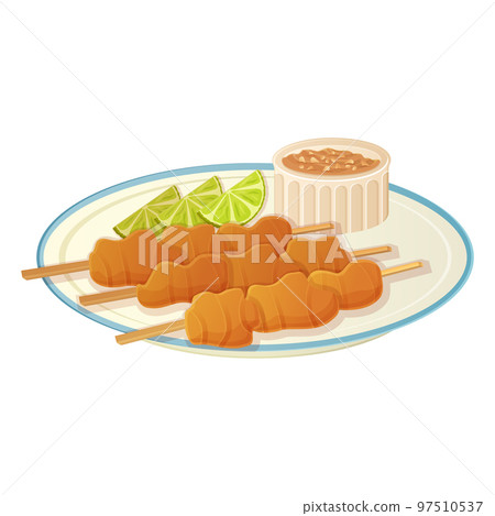Indonesian chicken Satay with peanut sauce. Asian food illustration isolated on white in cartoon 97510537
