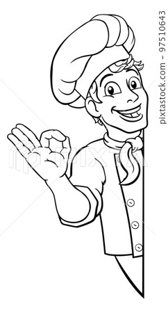 Chef Cook Baker Man Cartoon Peeking Around Sign Chef Cook Baker Man Cartoon Peeking Around Sign 97510643