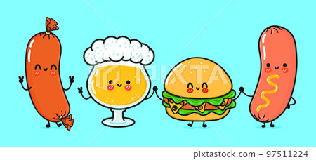 Cute, funny happy glass of beer, sausage with mustard and hamburger. Vector hand drawn cartoon kawaii characters, illustration icon. Funny cartoon glass of beer, sausage mustard and hamburger mascot 97511224