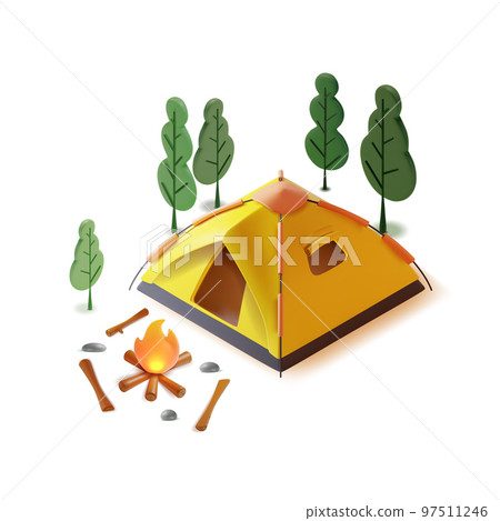 3d Go Camping Concept Elements Plasticine Cartoon Style Include of Small Tent and Campfire with Firewood. Vector illustration 3d Go Camping Concept Elements Plasticine Cartoon Style Include of Small Tent and Campfire with Firewood. Vector illustration 97511246